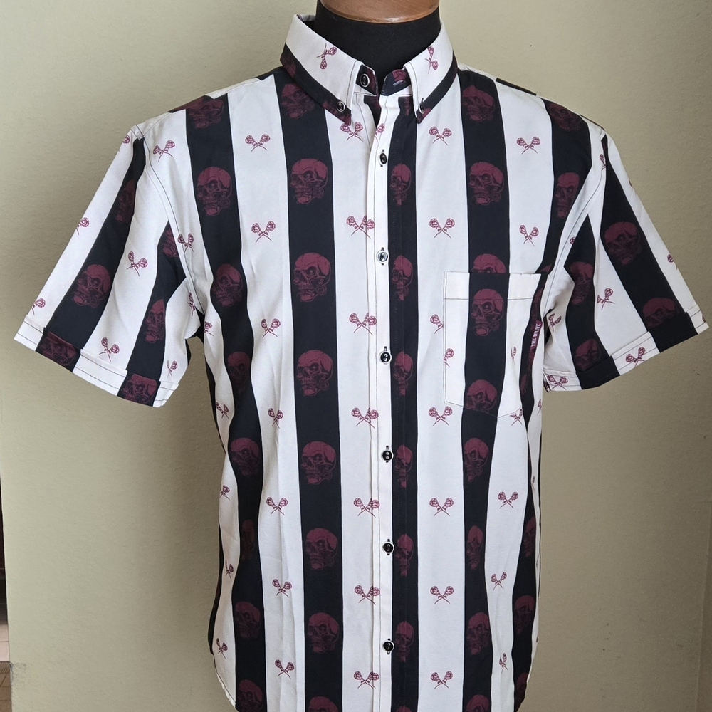 The Drive Clothing Men's Black and White Striped Shirt with Skull Design…